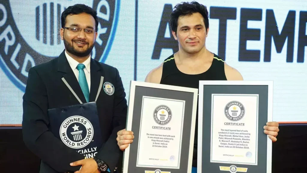Vispy kharadi setting guinness world record by holding hercules pillars in surat