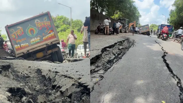Newly Constructed Road Collapses In Surat’S Dindoli, Civic Negligence Alleged Surat's dindoli road collapses before monsoon